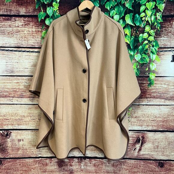 Talbots Tailored Wool Cape L/XL Plus Size Brown Faux Leather Trim Shrug Sweater - Picture 4 of 10